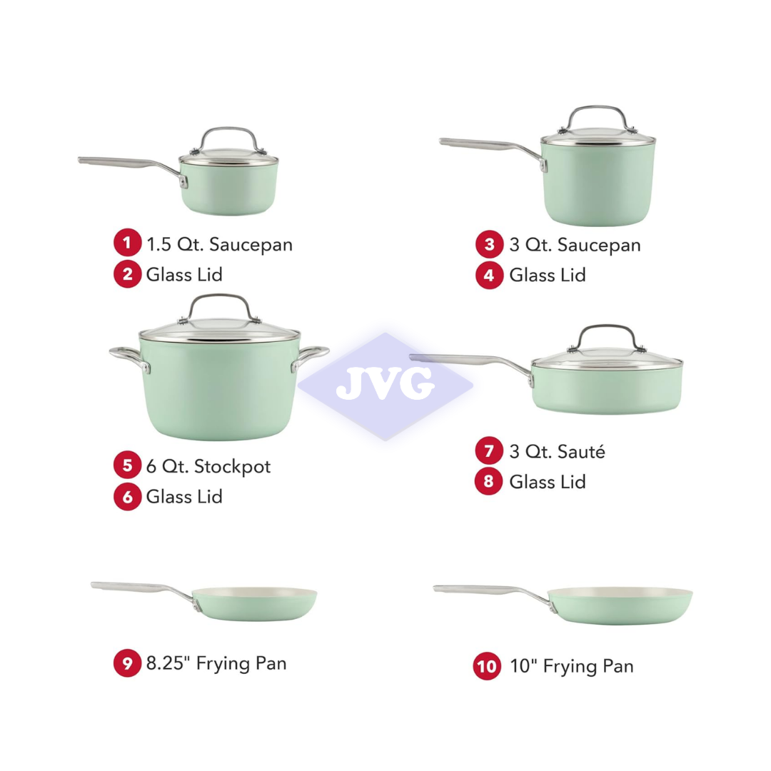 JUEGO DE OLLAS Y SARTENES KITCHENAID 10 PIEZAS CERÁMICA PISTACHO