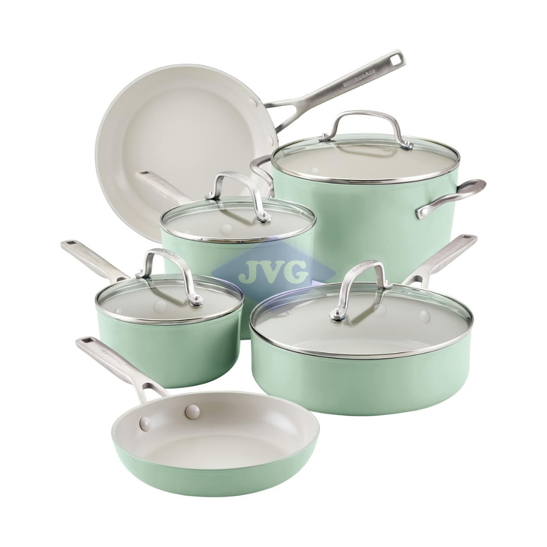 JUEGO DE OLLAS Y SARTENES KITCHENAID 10 PIEZAS CERÁMICA PISTACHO