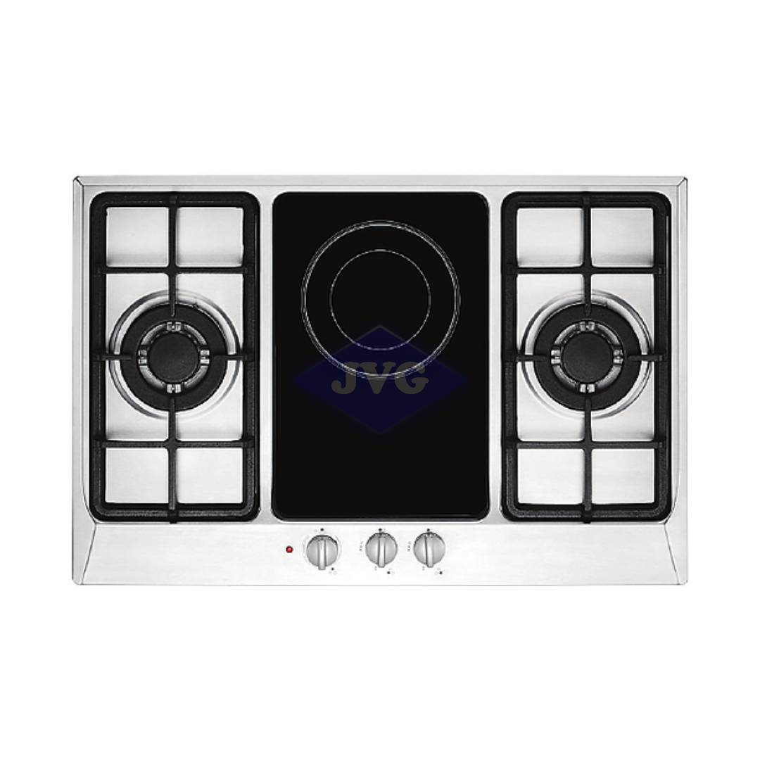 TOPE DUAL BACCO DE 3 QUEMADORES, 80 CM VITROCERÁMICA Y ACERO - BTCGV80A