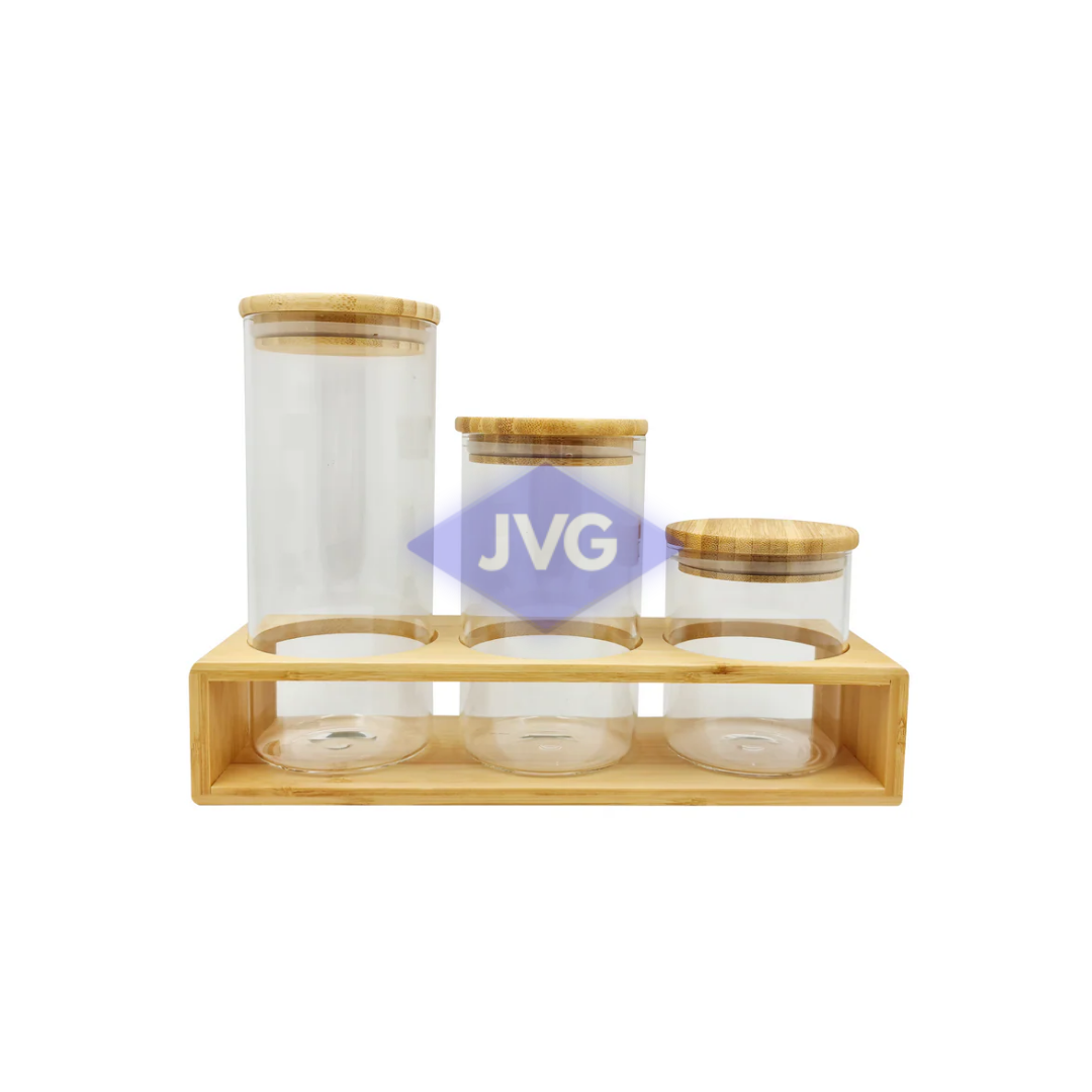 JUEGO DE CONSERVADORES DE COMIDA SUJOYA 3 PIEZAS CON BASE DE MADERA - 25198