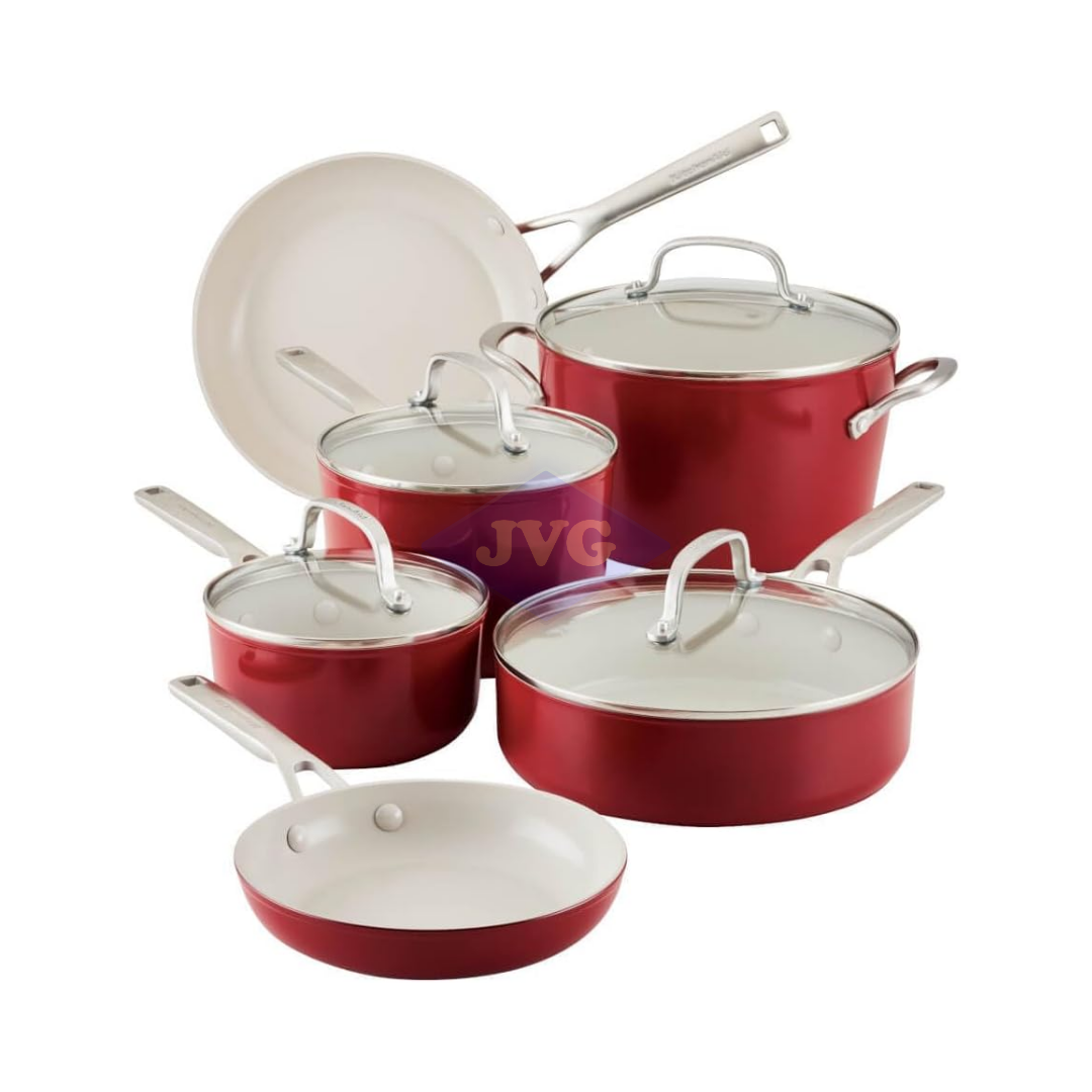 SET DE OLLAS Y SARTÉN KITCHENAID – 10 PIEZAS - CERÁMICA ANODIZADO ROJO