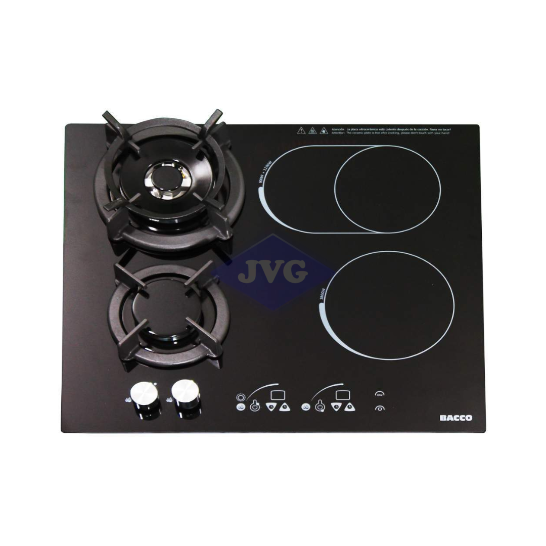 TOPE DUAL BACCO ELÉCTRICO Y GAS 60CM 4 HORNILLAS NEGRO - BTCGE60S