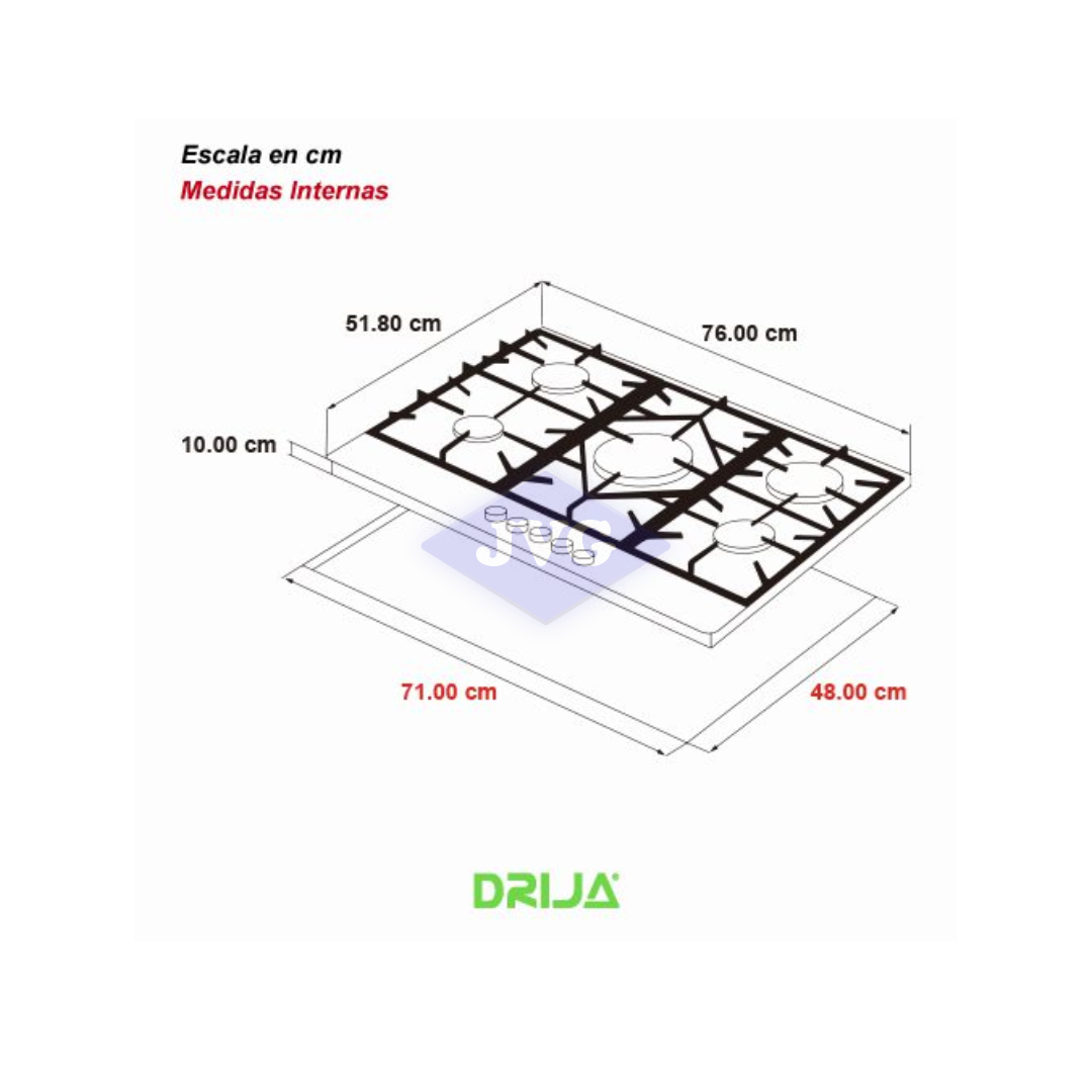 TOPE A GAS DRIJA FERRARA76PRO 5 QUEMADORES 76 CM VIDRIO NEGRO Y ACERO (FERRARA76PRO) - FERRARA76PRO