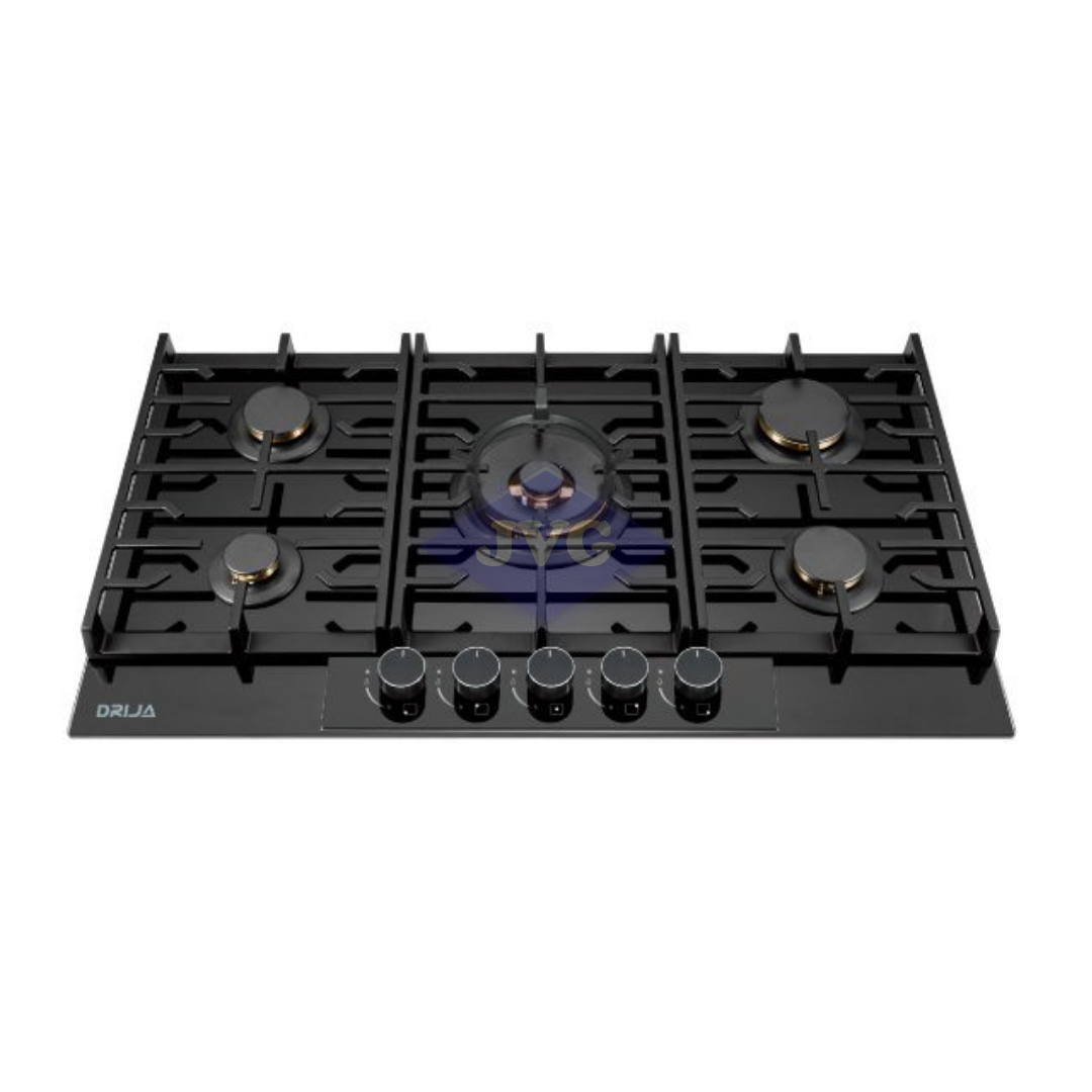 TOPE A GAS DRIJA 5 QUEMADORES 90 CM GENOVA90 VIDRIO TEMPLADO NEGRO - GENOVA90PROF