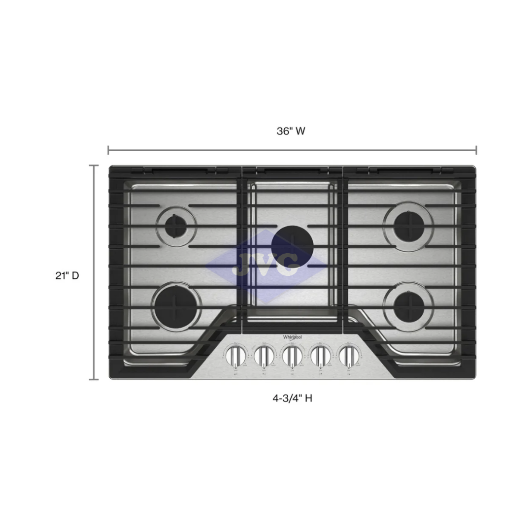 TOPE A GAS WHIRLPOOL 5 QUEMADORES 90 CM ACERO INOXIDABLE (WCGK5036PS) - WCGK5036PS
