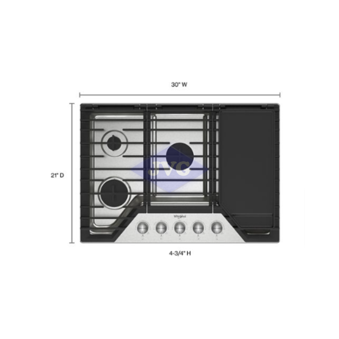 TOPE A GAS WHIRLPOOL 5 QUEMADORES 30" ACERO INOXIDABLE (WCGK7530PS) - WCGK7530PS